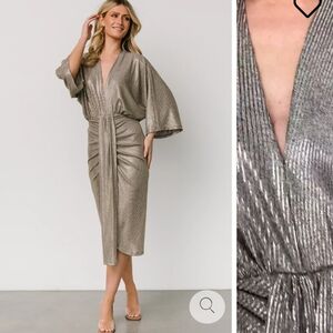 NWT Baltic Born "Ciara Ruched Midi Dress". Silver Metallic. Woman Size L.